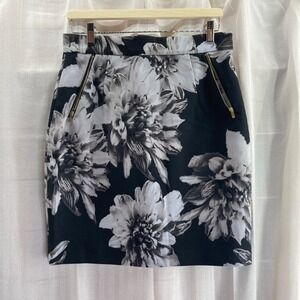 H&M Black White Floral Pencil Skirt Gold Zip Detail Size 10 Party Cocktail‎ Date
